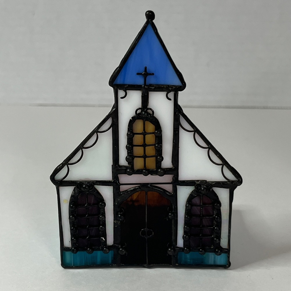 Stained Glass Church Tea Light Holder Blue White Chapel Votive Candle Decor NWOB